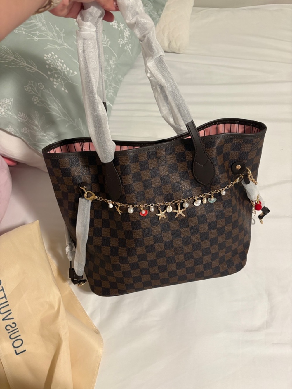 Brown Checkered Tote Bag with Gold Charm Chain